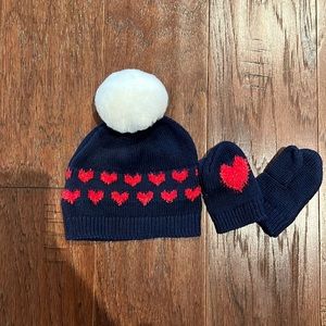 Baby Gap red heart fuzzy hat Pom Pom and gloves set